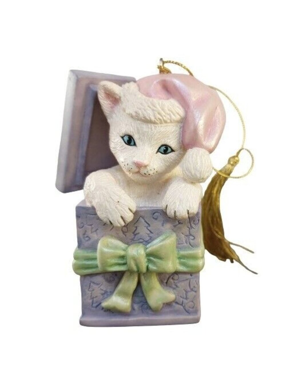 Lenox The Inquisitive Christmas Cat Ornament Resin 2000 Pet Holiday Pink Hat VTG